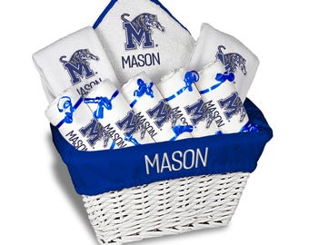 Personalized Memphis Tigers Baby Gift Basket | U of M Tigers Newborn Gift Set | Custom Baby Shower Gift | Large Wicker Basket
