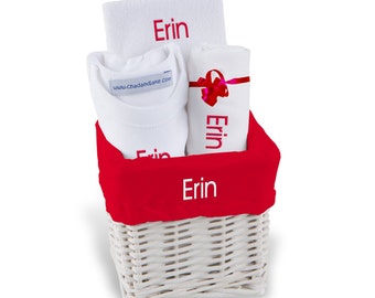 Personalized Baby Girl Gift Basket - Embroidered Basket with Bodysuit, Pullover Bib, Burp Cloth, New Baby Gift - Small C