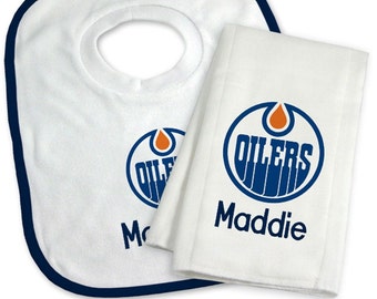 Personalized NHL Edmonton Oilers Baby Bib & Burp Cloth Gift Set