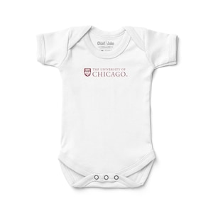 May include: White baby onesie with short sleeves. The onesie features the text "THE UNIVERSITY OF CHICAGO" in maroon, along with the university's emblem. The onesie has three snaps at the bottom.