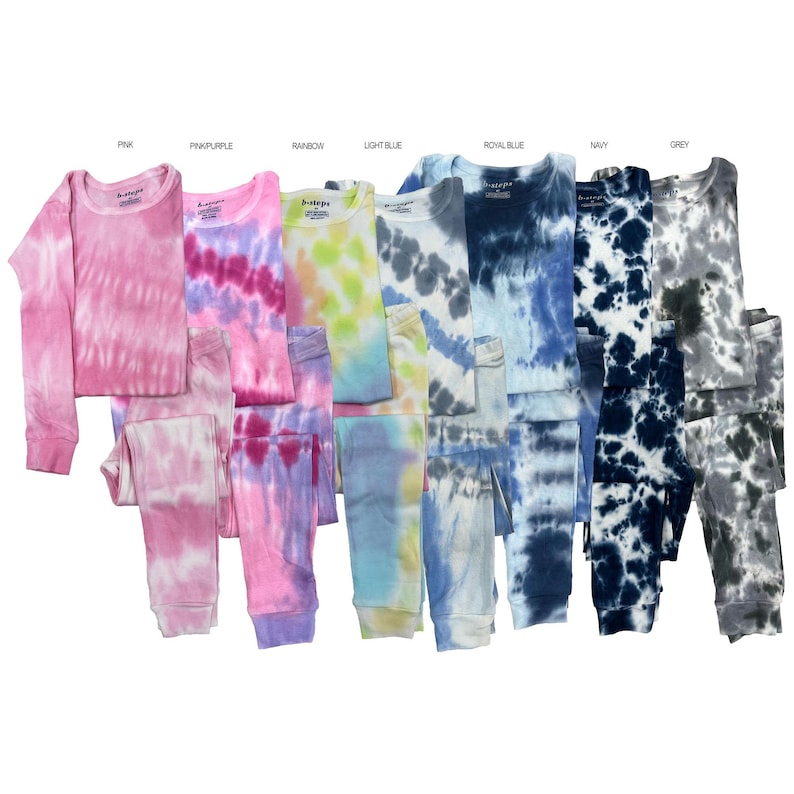 May include: Eight pairs of tie-dye pajamas in different colors, including pink, purple, rainbow, light blue, royal blue, navy, and grey. The pajamas are made of soft, comfortable fabric and are perfect for lounging around the house.