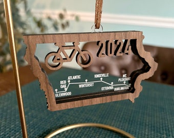 Iowa Big Bicycle Ride 2024 engraved route map wooden and acrylic ornament