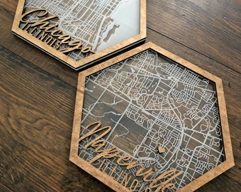 Custom engraved hexagon map in acrylic and wood