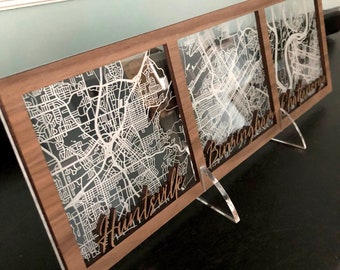 Custom triple anniversary maps in acrylic and wood