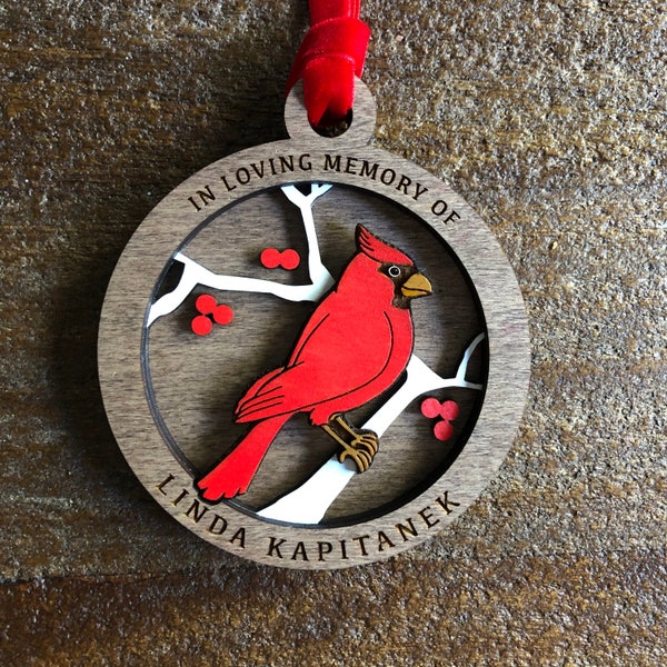 Personalized laser cut wooden layered cardinal memorial ornament