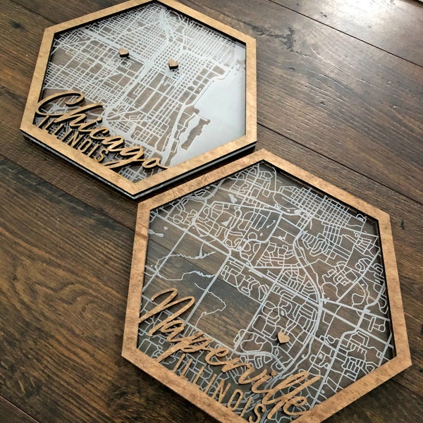 Custom engraved hexagon map in acrylic and wood