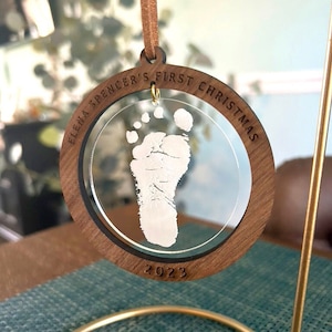 Baby's first Christmas custom engraved footprint wooden and acrylic ornament