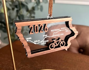 Iowa Big Bicycle Ride 2026 engraved route map wooden and acrylic ornament
