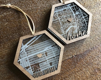 Custom engraved map wooden and acrylic hexagon ornament