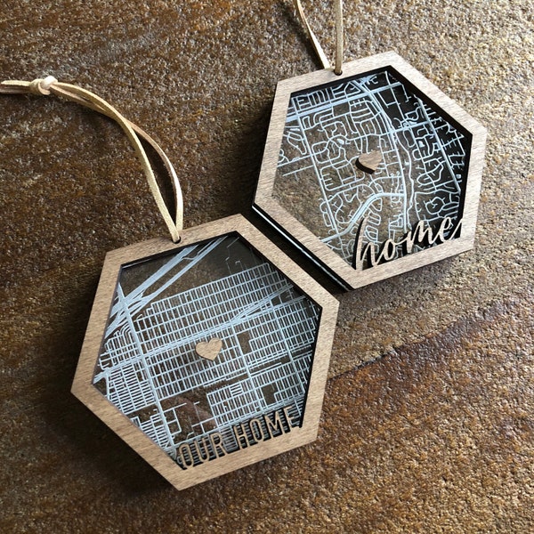 Custom engraved map wooden and acrylic hexagon ornament