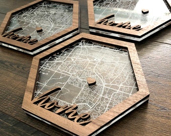 6" Custom engraved home hexagon map in acrylic and wood