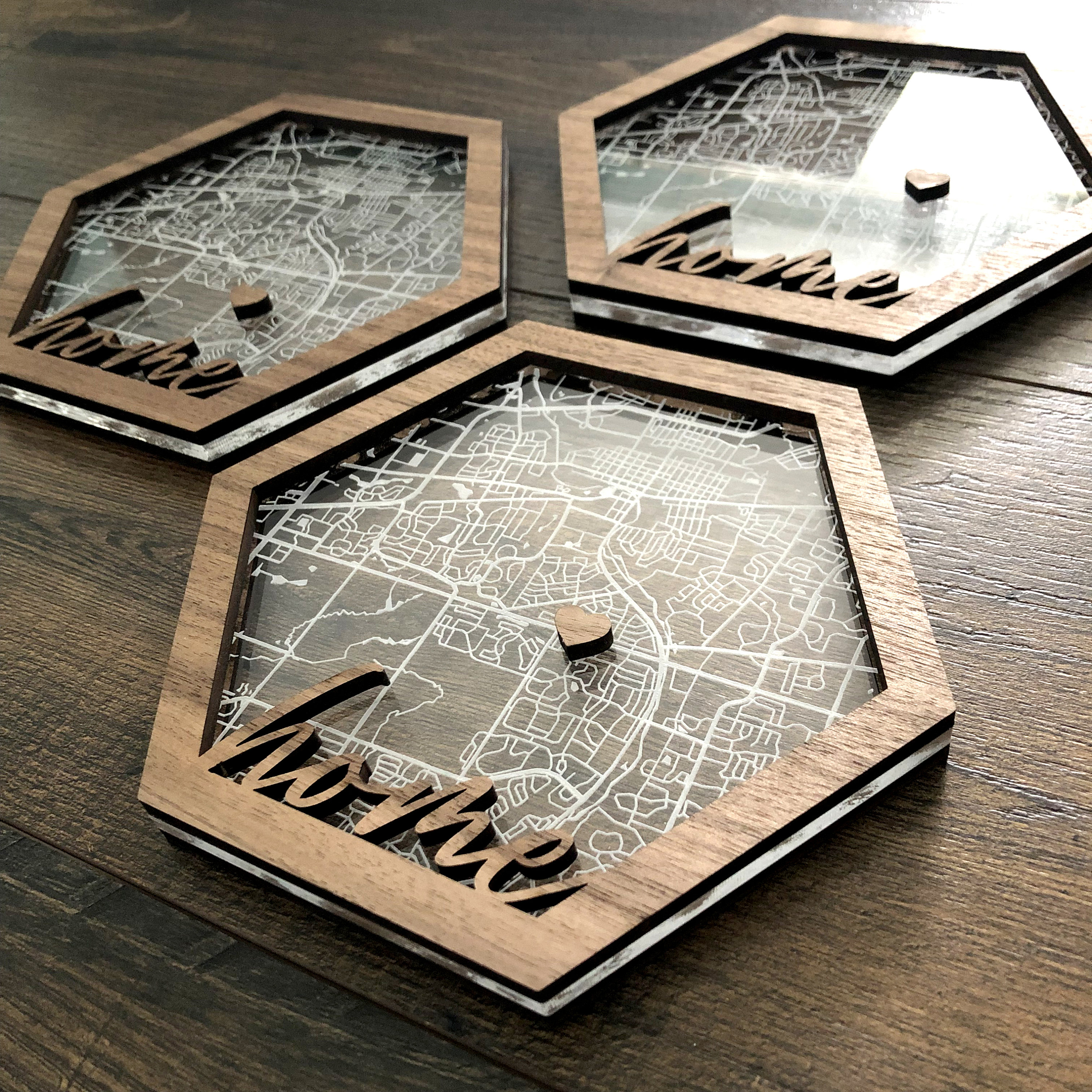 6" Custom Engraved Home Hexagon Map in Acrylic and Wood - Etsy