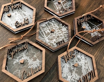 Personalized engraved map wooden and acrylic hexagon ornament