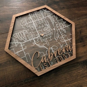 Custom Engraved Hexagon Map in Acrylic and Wood - Etsy
