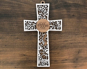 Personalized Floral Lace Laser Cut Wooden Two-Tone Baptism or Communion cross