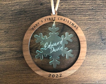 Personalized laser cut Baby's First Christmas snowflake ornament