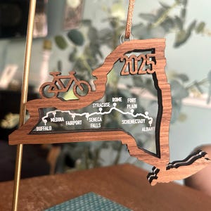 Erie Canalway bike trail engraved route map walnut and acrylic ornament with custom year