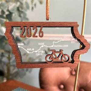 Iowa Big Bicycle Ride 2026 engraved route map wooden and acrylic ornament