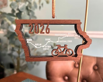 Iowa Big Bicycle Ride 2026 engraved route map wooden and acrylic ornament