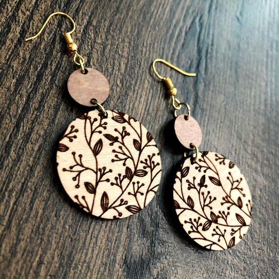 Round Floral Engraved Wooden Two tone Dangle Earrings Etsy