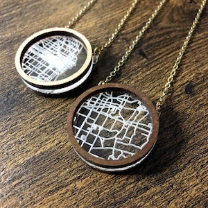 1.25&quot; Round Wood and Engraved Acrylic Custom Map Necklace