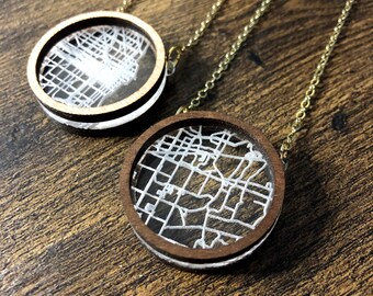 1.25" Round Wood and Engraved Acrylic Custom Map Necklace