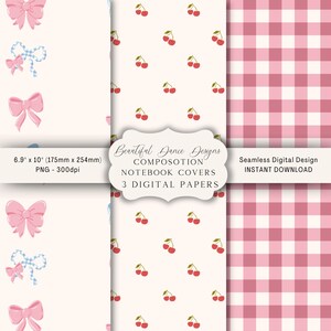 Op de afbeelding: Digitale papier set met drie ontwerpen: roze strikken op crème, rode kersen op crème en een roze ruitpatroon. De afbeelding bevat de tekst "Beautiful Dance Designs" en "Notebook Covers". Afmetingen: 175 mm x 254 mm.