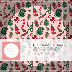 May include: A seamless Christmas pattern featuring festive elements like Santa Claus, mittens, candy canes, gift boxes, Christmas trees, and ornaments. The design is set on a pink grid background. The text "Beautiful Dance Designs" is visible.
