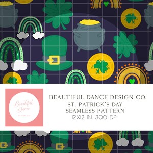 May include: A seamless pattern featuring a variety of St. Patrick's Day themed elements, including shamrocks, rainbows, leprechaun hats, and pots of gold. The pattern is set against a dark purple background.
