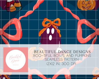Boo-tiful Bows & Pumpkins Seamless Pattern | Halloween Ghosts with Bows, Candy Corn | Cute Digital Fabric, Sublimation