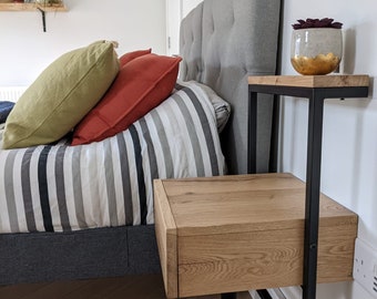 Wall mounted solid Oak bedside table / Wooden nightstand with drawer / Wall-mounted nightstand
