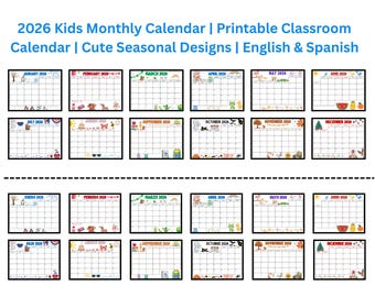 2026 Kids Printable Calendar | Monthly Classroom Calendar | Cute Seasonal Designs | English & Spanish