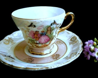 Vintage Porcelain Lustreware Cup and Saucer, Fragonard Decor, Versailles