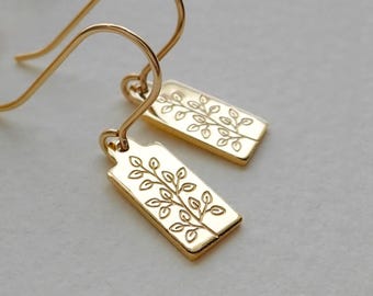 Tiny Gold Drop Earrings: 14k Gold Filled, Leaf Design, Handmade Nature Inspired Jewellery