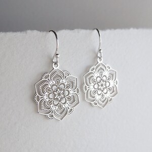 Sterling Silver Mandala Earrings: Filigree Lotus Flower Design, Drop & Dangle, Yoga Jewellery