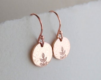 Tiny Rose Gold Hammered Leaf Earrings, Rose Gold Disc Leaf Earrings, Hammered Rose Gold Earrings, Tiny Gold Dangle Earrings, Nature Earrings