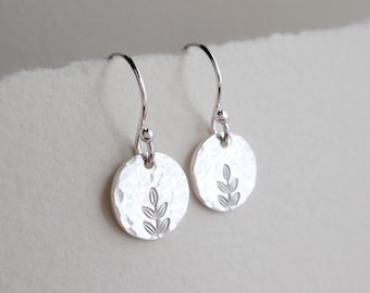 Hammered Silver Earrings: Tiny Sterling Silver Disc Drop, Leaf Design, Nature Inspired