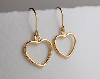 Gold Heart Earrings, Gold Heart Drop Earrings, Gold Heart Dangle Earrings, Gold Open Heart Earrings, Heart Earrings, Gold Drop Earrings