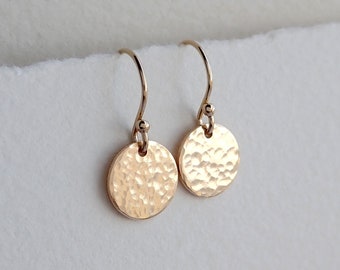 Tiny Gold Hammered Disc Earrings, Gold Disc Earrings, Hammered Gold Earrings, Gold Dangle Earrings, Gold Drop Earrings