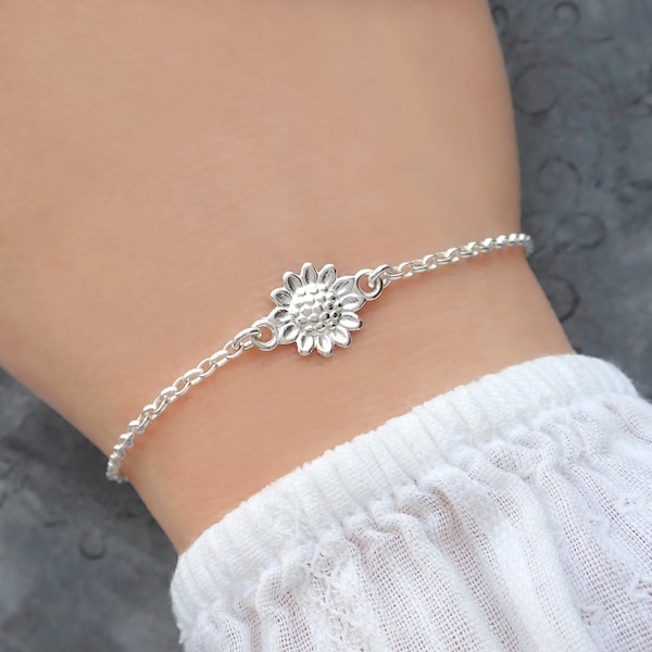Sterling Silver Sunflower Bracelet, Silver Flower Bracelet, Silver Sunflower Jewellery, Silver Flower Jewellery, Adjustable Bracelet