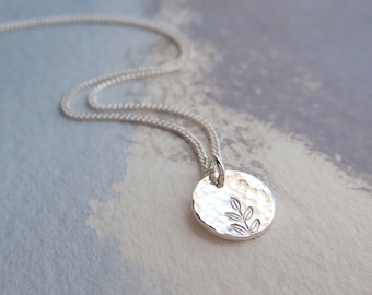 Tiny Silver Necklace, Silver Disc Necklace, Tiny Silver Pendant, Silver Hammered Leaf Pendant, Silver Layered Necklace, Nature Necklace