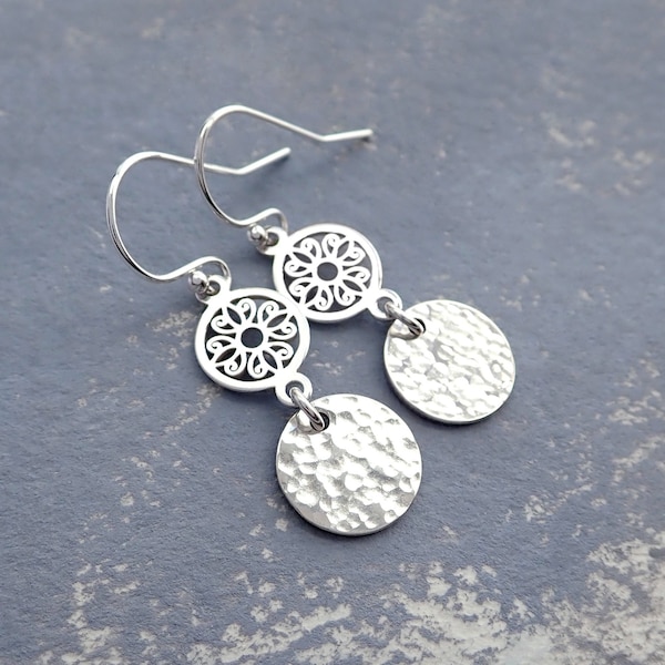 Hammered Silver Disc Earrings, Silver Boho Earrings, Silver Boho Dangle Earrings, Silver Hammered Earrings, Silver Drop Earrings