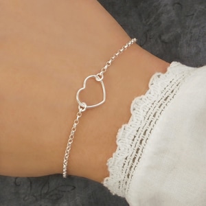 Sterling Silver Heart Bracelet for Women, Silver Open Heart Bracelet, Silver Heart Charm Bracelet, Heart Jewellery, Friendship Bracelet