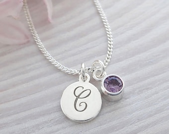 Silver Initial and Birthstone Necklace, Sterling Silver Initial Necklace, Personalised Birthstone Necklace, Initial Jewellery, Letter Disc