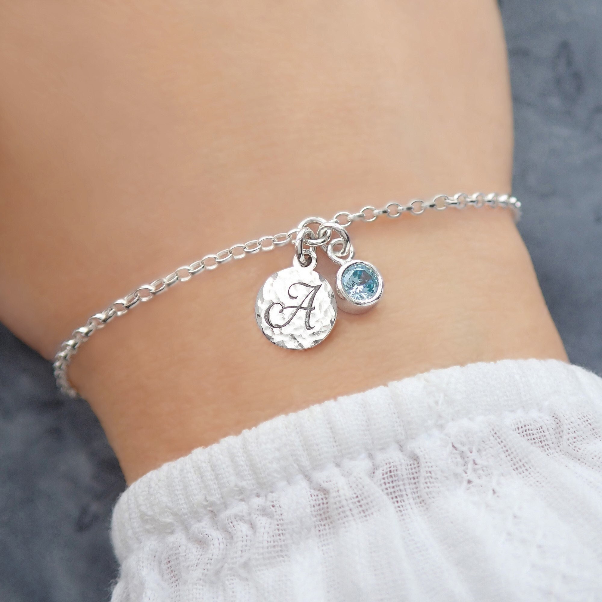 Sterling Silver Initial & Birthstone Bracelet, Personalised