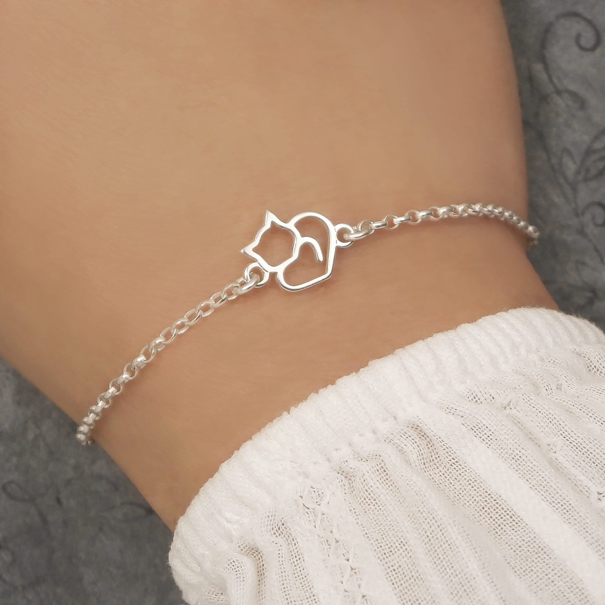 Vadmans Cat Bracelet Sterling Silver Cat Anklet with Rose Quartz Jewellery Gifts for Women Girls Cat Lovers