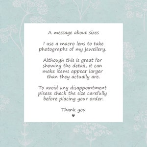 May include: A message about sizes in a white rectangle on a light blue background with white floral designs. The message explains that macro lenses are used to take photos of jewelry, which can make items appear larger than they actually are. The message encourages buyers to check the size carefully before placing an order. The message ends with "Thank you".