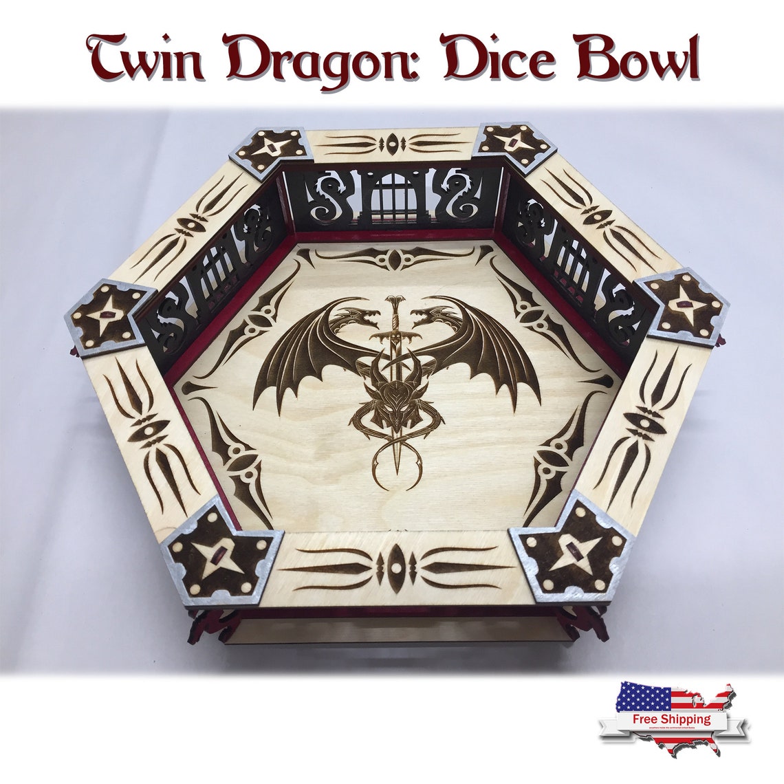 Dice Bowl Dice Tray Laser Cut Dice Bowl Twin Dragons Etsy