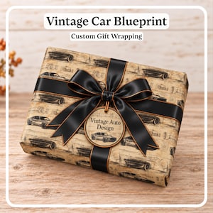May include: A rectangular gift box wrapped in tan paper featuring a black vintage car blueprint pattern. The box is tied with a black satin ribbon and features a circular tag with the text Vintage Auto Design and a car illustration.