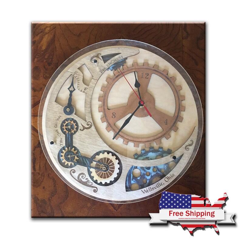 Steampunk Wall Clock Gears Wood Unique Cool Laser Cut Trendy Futuristic